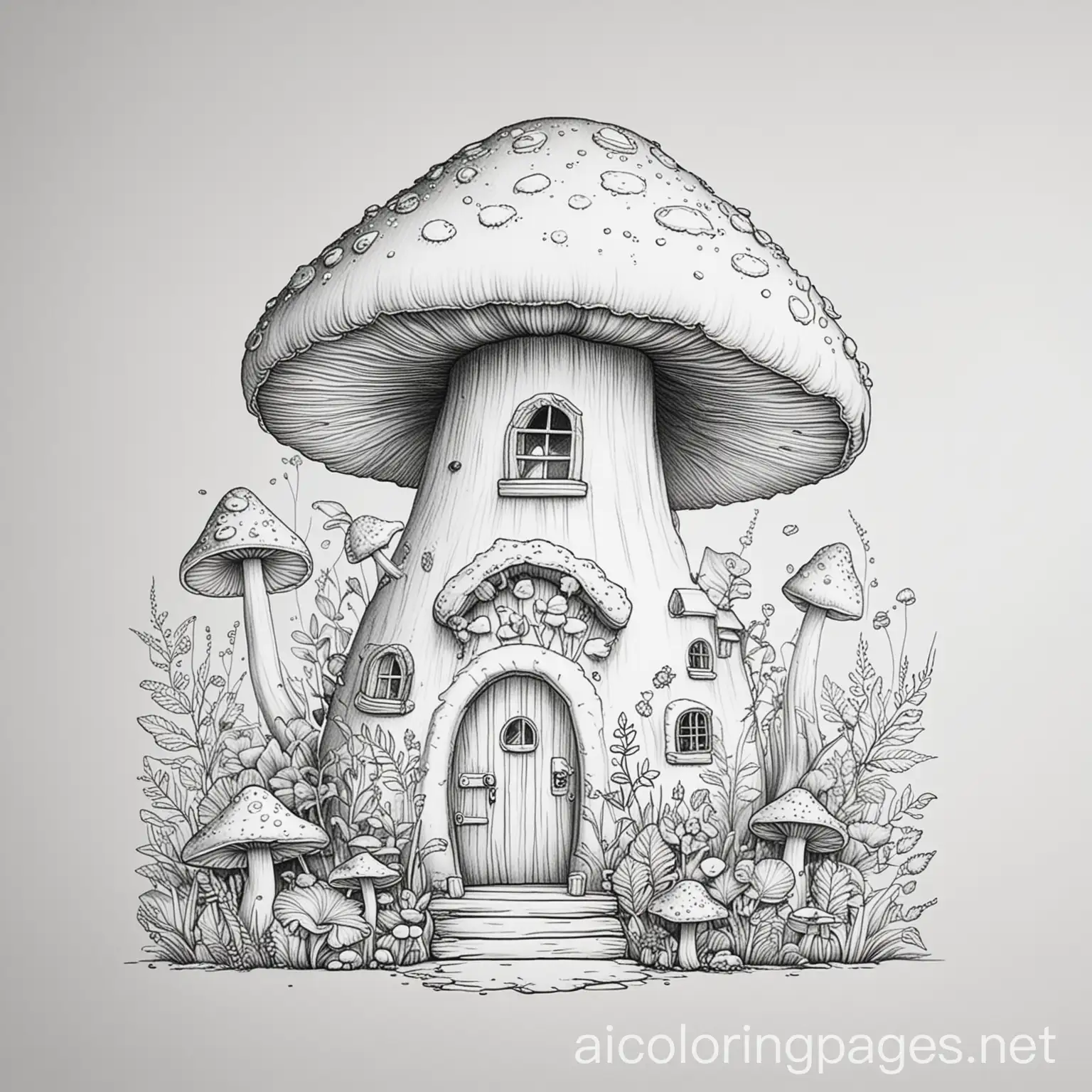 mushroom house, Coloring Page, black and white, line art, white background, Simplicity, Ample White Space. The background of the coloring page is plain white to make it easy for young children to color within the lines. The outlines of all the subjects are easy to distinguish, making it simple for kids to color without too much difficulty