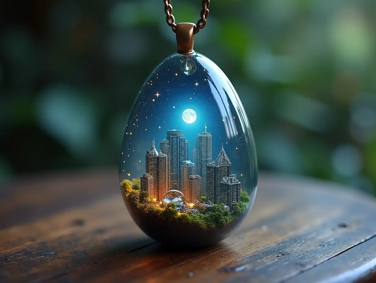 Create for me a glass egg pendant with a city inside with moon and stars with small crystal ball on the table