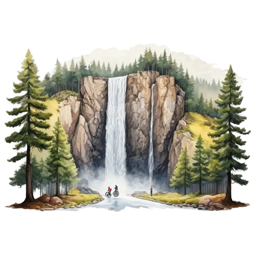 Stunning-PNG-Illustration-of-a-Mountain-Waterfall-Surrounded-by-Pine-Forest-and-Cyclist-on-a-Yellow-Racing-Bike