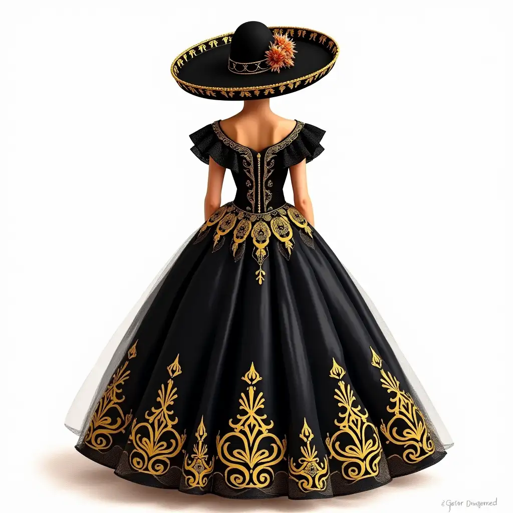 Quinceañera drawing with black and gold mariachi dress, black and gold mariachi hat, from behind