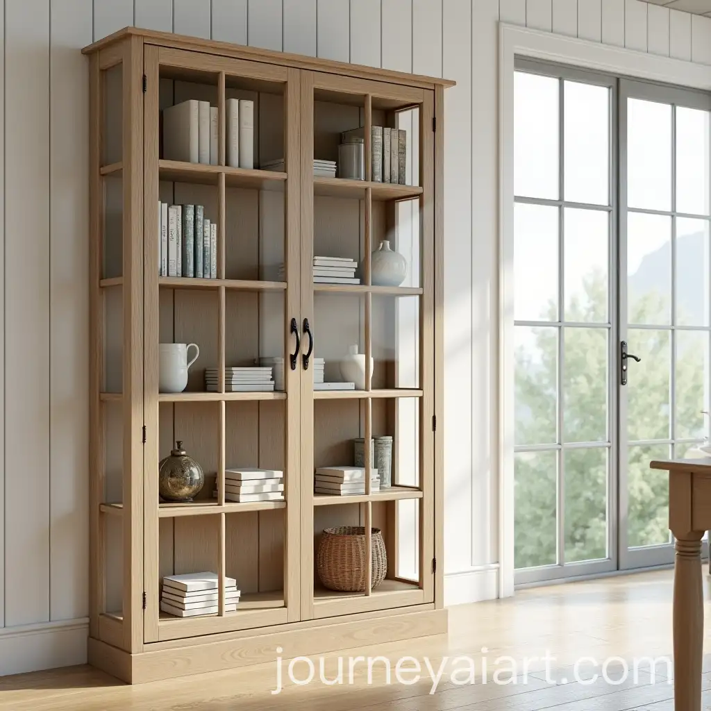 Elegant-Rustic-Bookcase-with-Glass-Shelves-and-Antique-Accents-in-Cozy-Farmhouse-Library