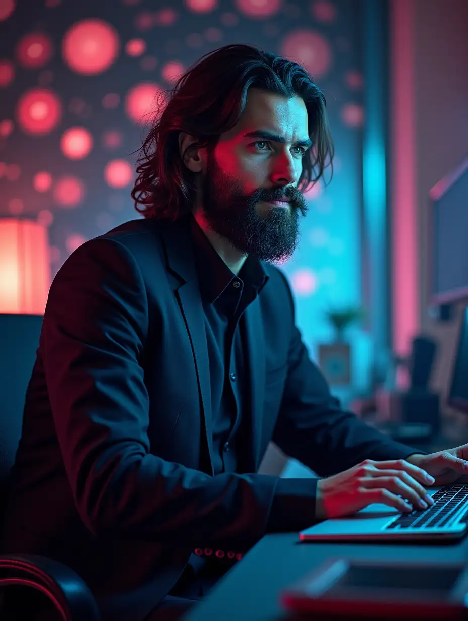 a 31yo male lean body, dark medium hair, dark long beard, tall, surrounded by psychedelic molecules and technology-looking abstractons, realistic, self-confident, like a personal development writer. include some computer hardware in the background, put it in a lux home office