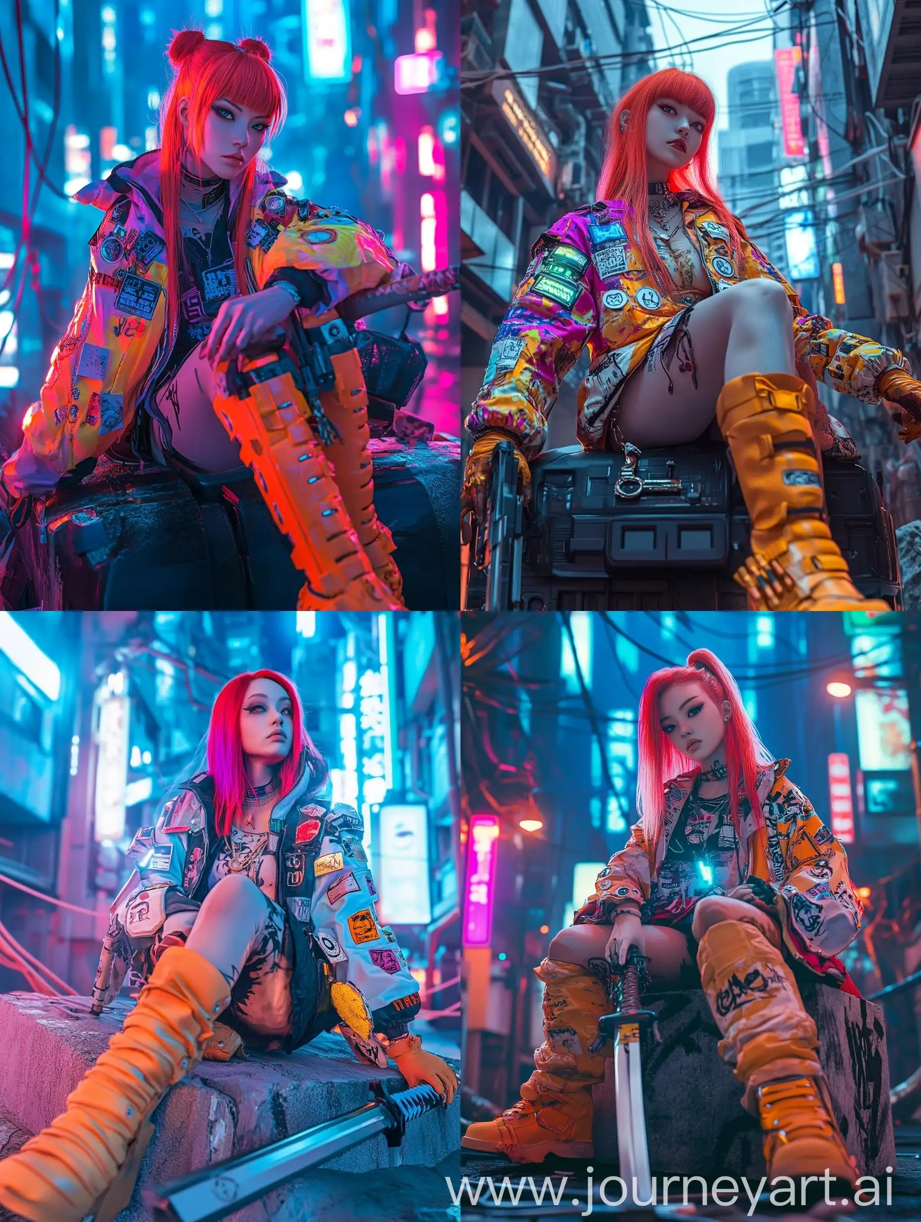 Cyberpunk-Woman-in-NeonLit-Gang-Alley-with-Futuristic-Gear