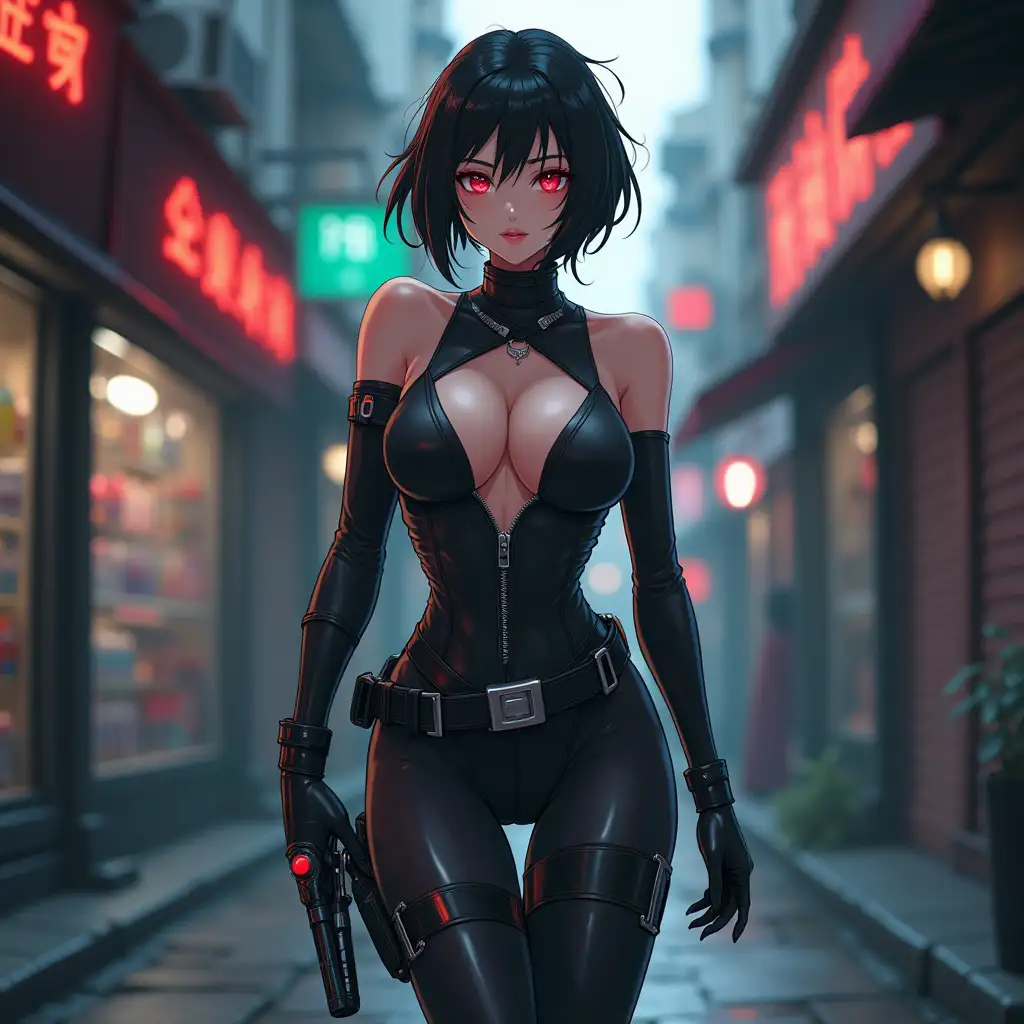 Short hair, mature Asian woman thief cyber runner in a dynamic full-length pose, eyes with red electronic pupils, large breast, extreme skintight body glove zipped down with cleavage, combat boots and combat belt. Full view of her body from boots up, low wide angle. Future store filled city alley street. Anime