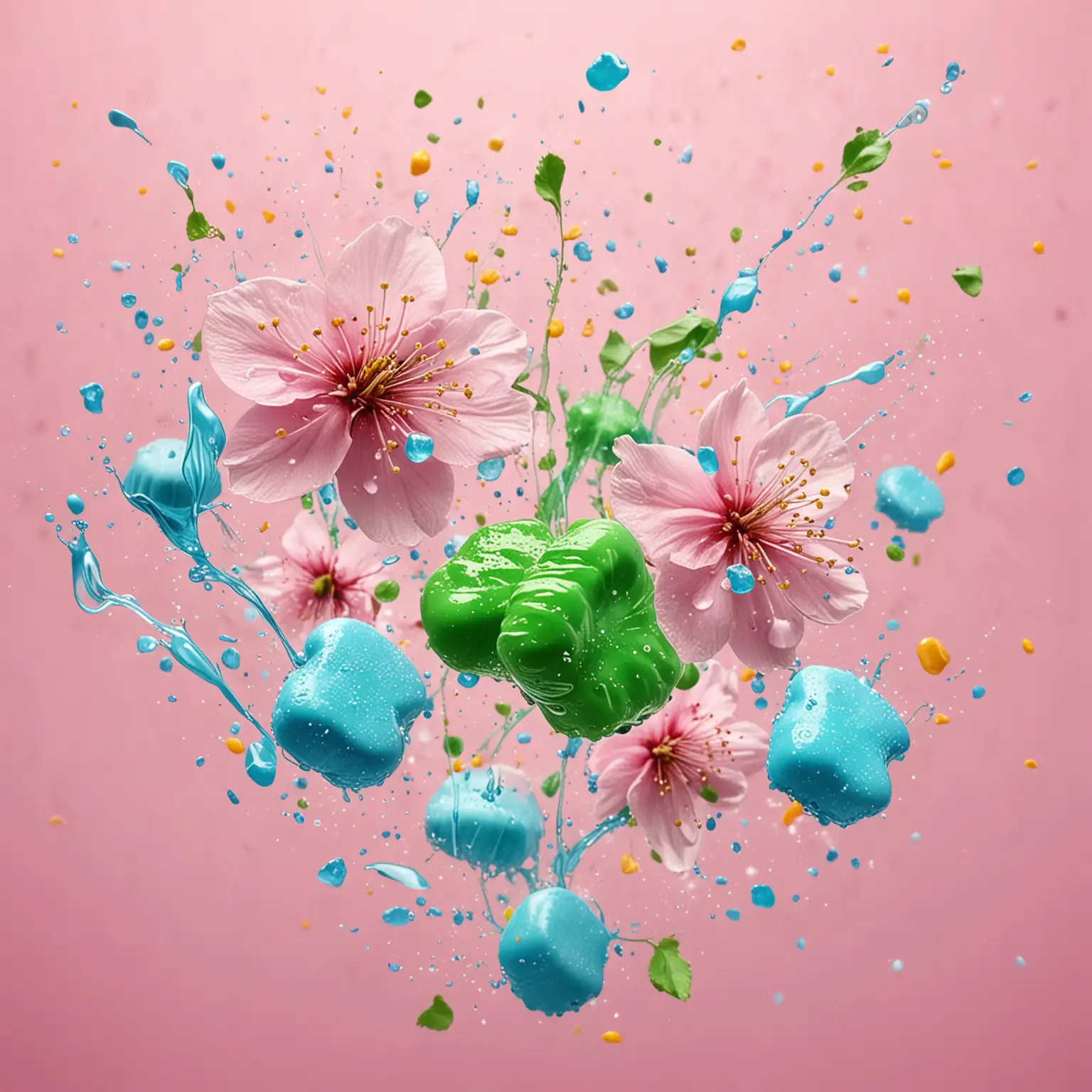 cherry blossoms, green blue candies, yellow , flying, splashes, pink background