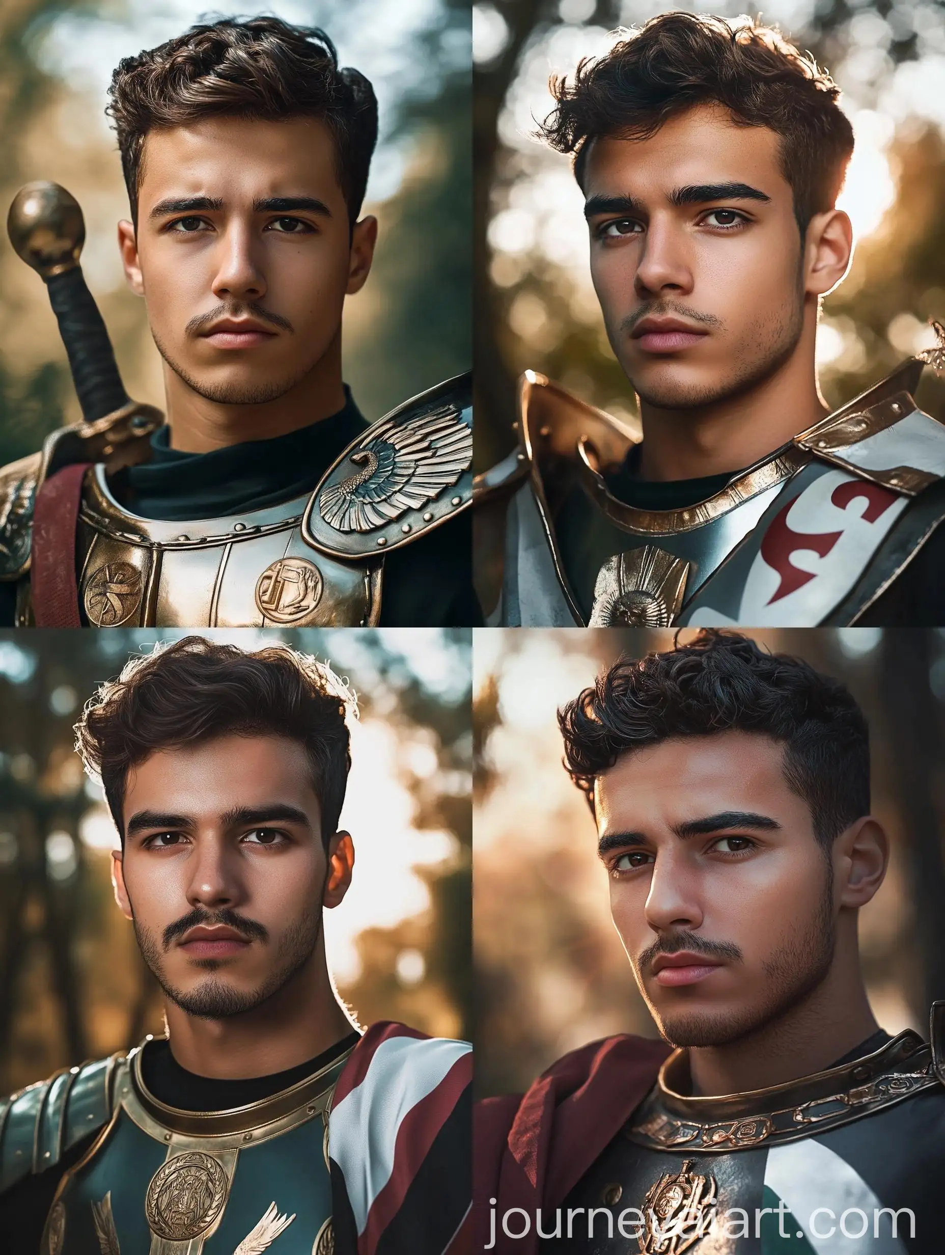 Young-Man-in-Greek-War-Armor-Standing-in-Forest-Sunshine