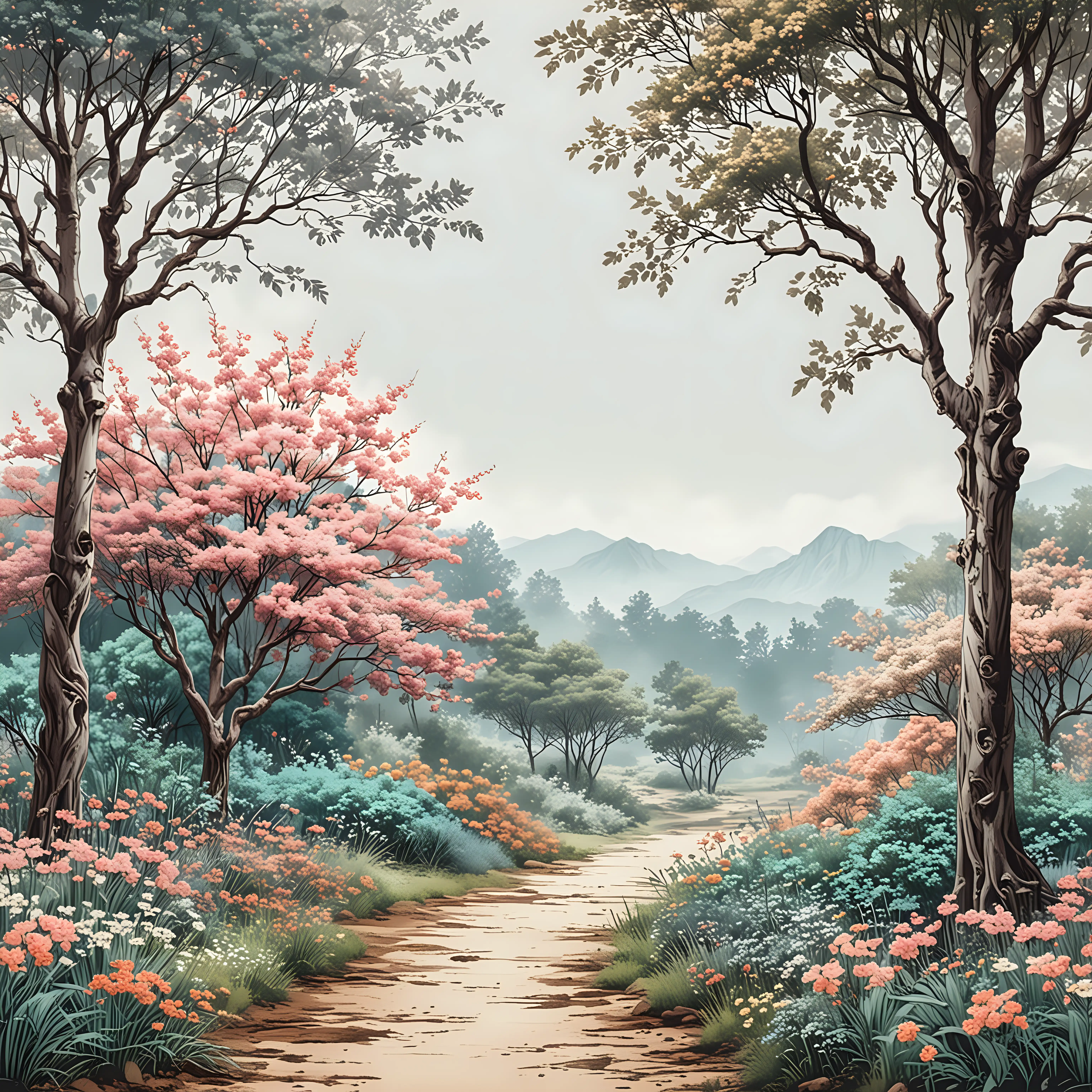 floral and tree border landscape scenery background ink realistic pastel colors