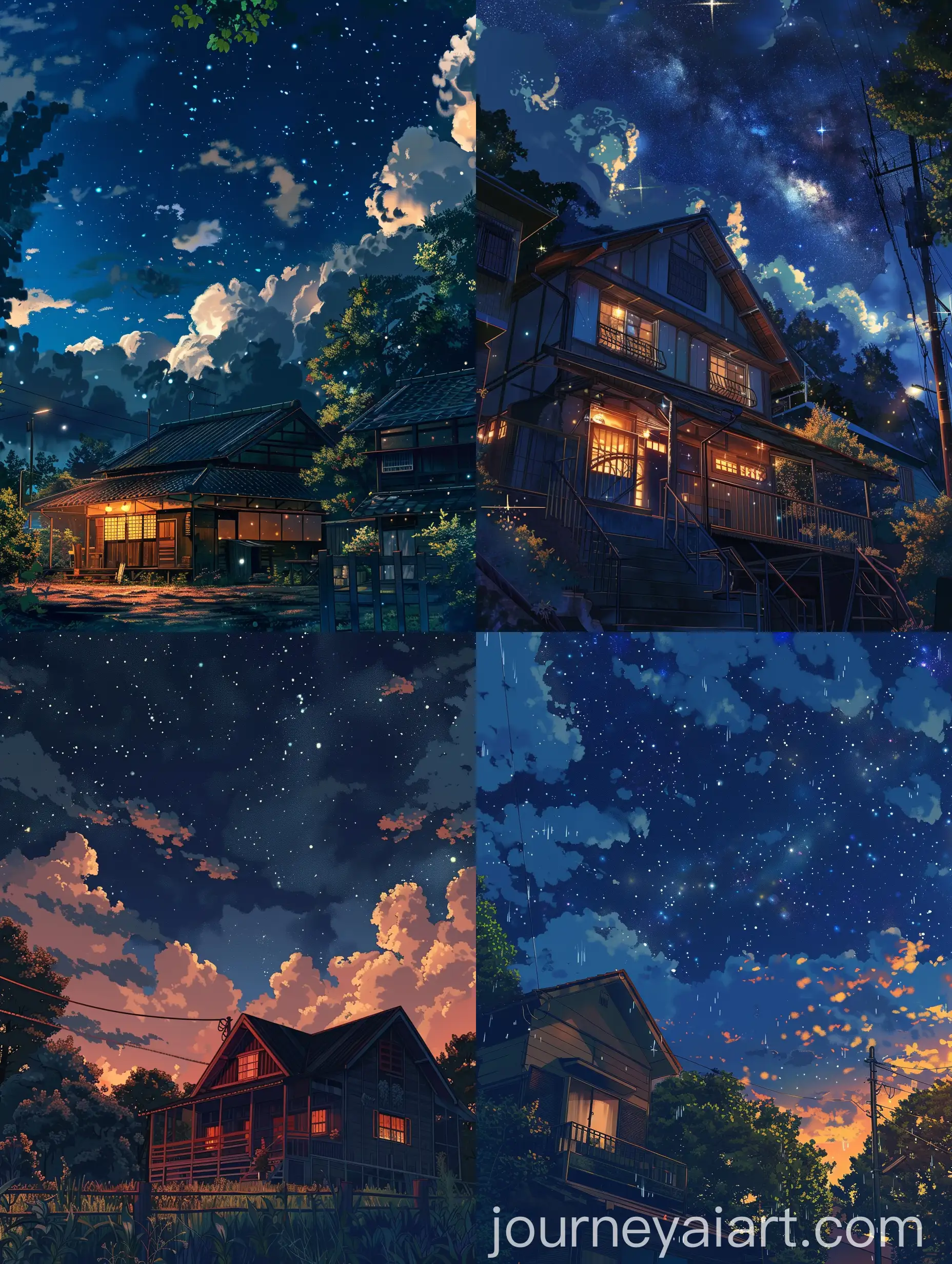 Digital-Anime-Art-of-House-with-Nighttime-Sky-and-Starry-Background