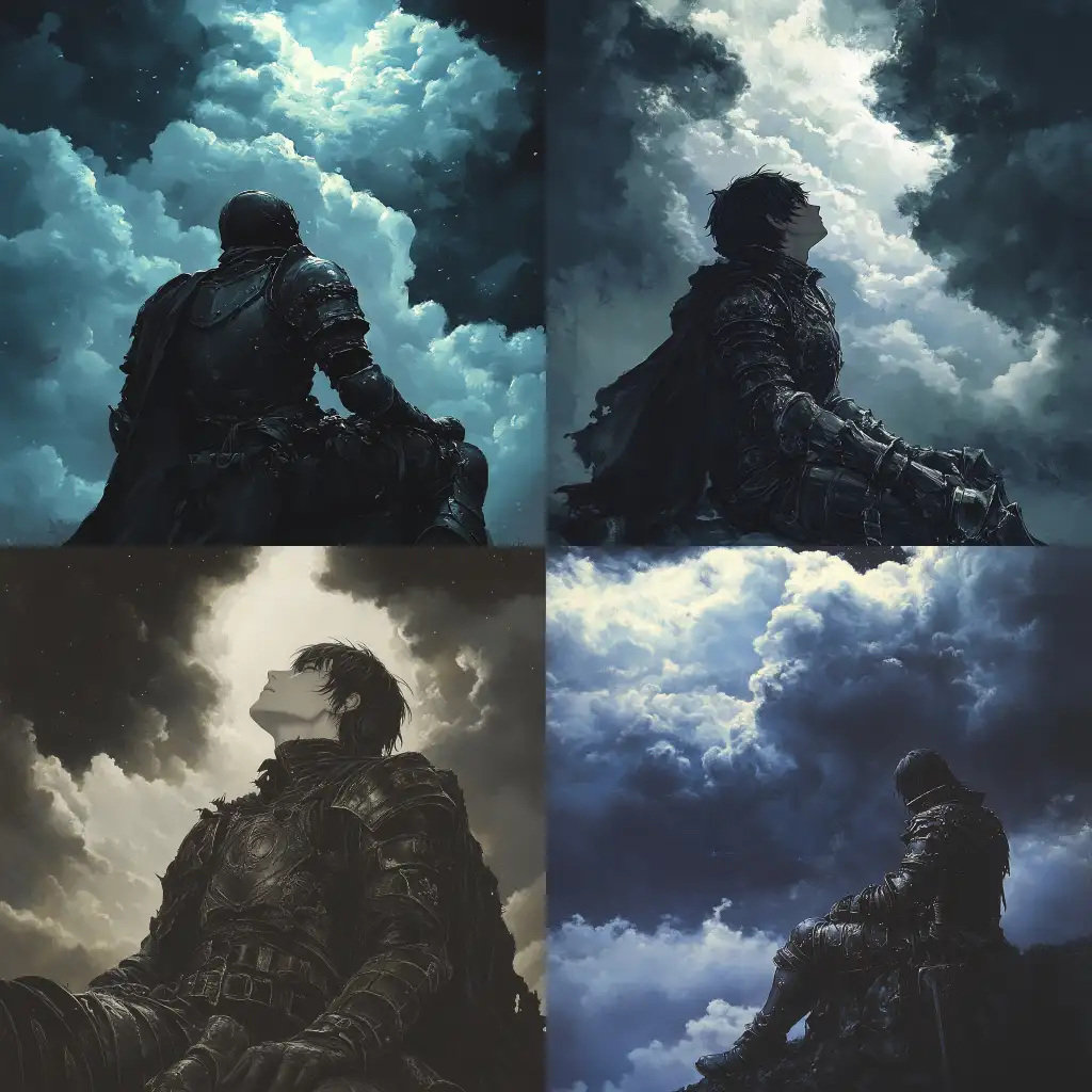 MangaStyle-Character-in-Dark-Armor-Under-a-Dramatic-Cloudy-Sky