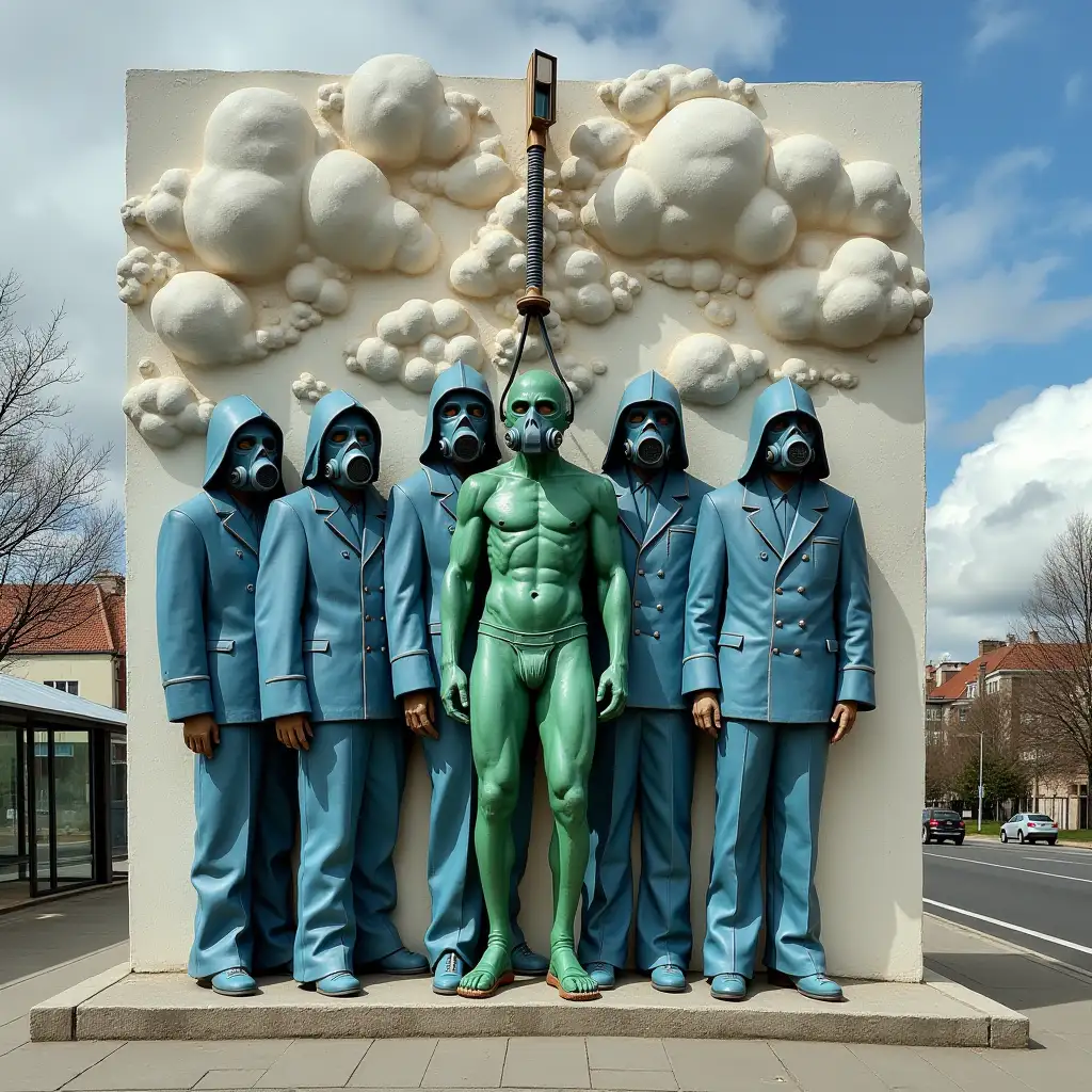 Apocalyptic-Sculpture-with-Gas-Masked-Men-Hanged-Figure-and-Cloudy-Background