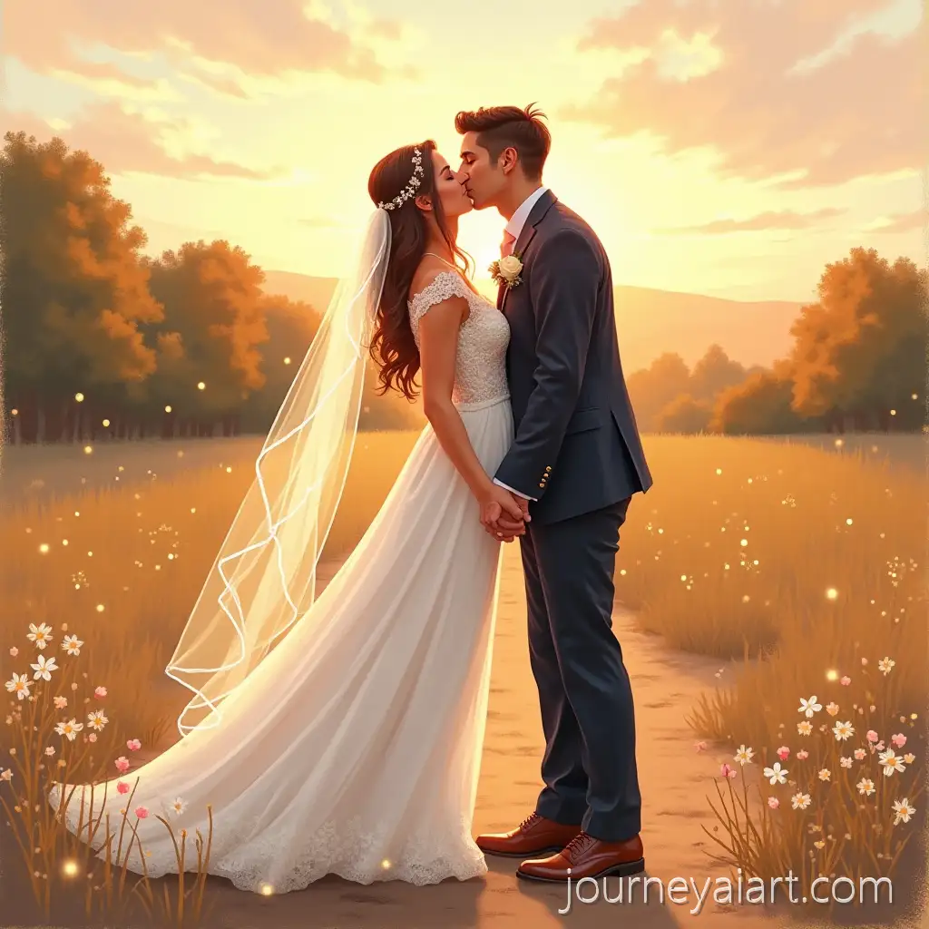 Romantic-Wedding-CoupleRomantic-wedding-couple-kiss-Kissing-Outdoors-at-Sunset-with-Fairy-Lights