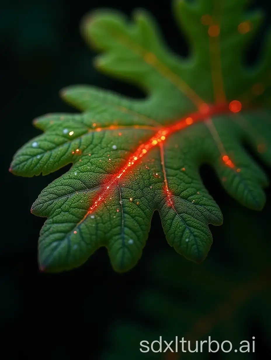 A green leaf of a German oak, with red glowing blood flowing in the capillaries, perfect macro shot, very detailed, magical appearing