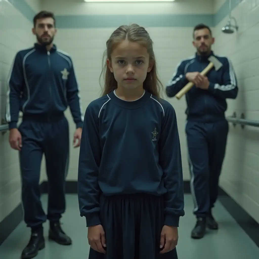 7 year old beautiful Greek girl stands in a large shower room. she is wearing a dark blue shirt and a skirt. she looks sad. behind her are men in tracksuits. one of the men has an ax.