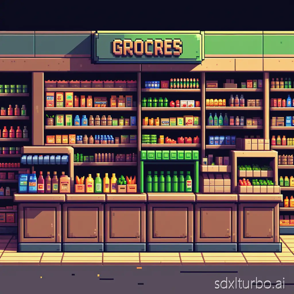 8 bit Pixel art background prop, a single small grocery store, counter, cash register, shelves behind counter with bottles and small boxes of assorted groceries, blocky pixel, low colour palette, pixel dithering for shading, game, sprite, frontal view.