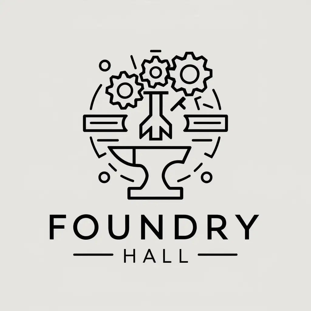 a vector logo design,with the text "Foundry Hall", main symbol:using gears, hammers, anvils etc elements representing manufacturing and crafts, combined with book or lecture patterns, symbolizing the teaching of knowledge and skills,Minimalistic,clear background