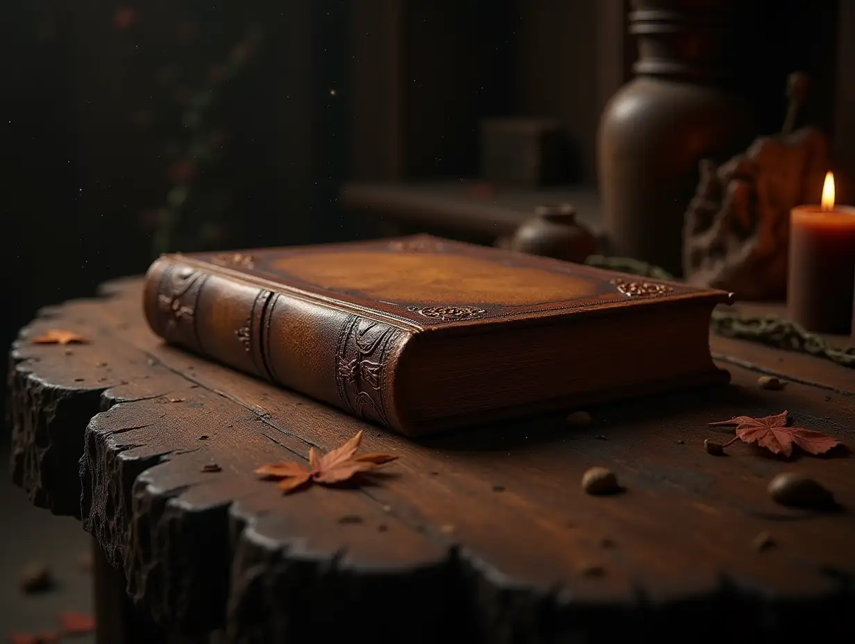 Ancient-Esoteric-Book-on-Rustic-Wooden-Table-in-Dimly-Lit-Room