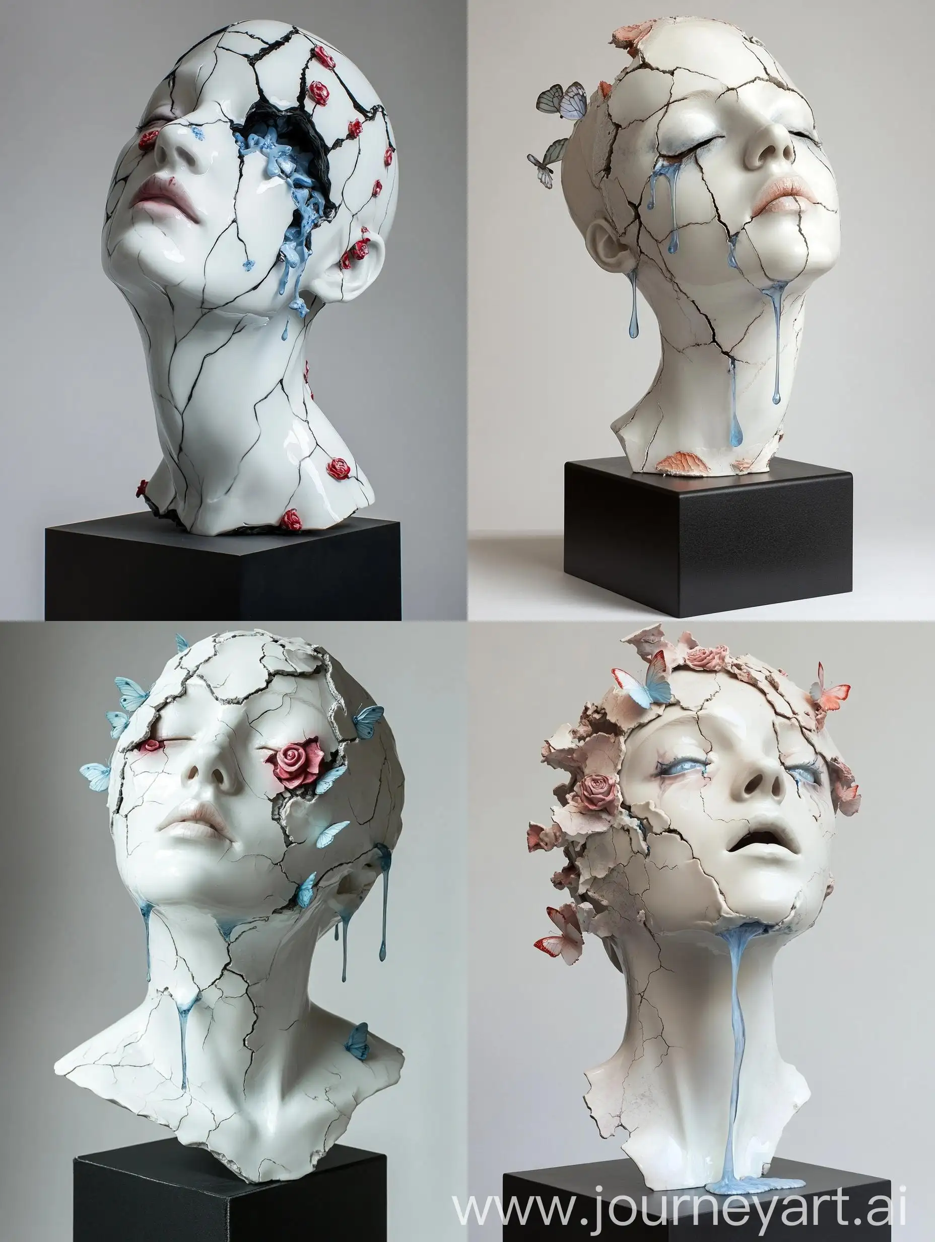 Surreal-Porcelain-Sculpture-of-Crumbling-Woman-with-Blue-Tears-and-Butterfly-Transformation