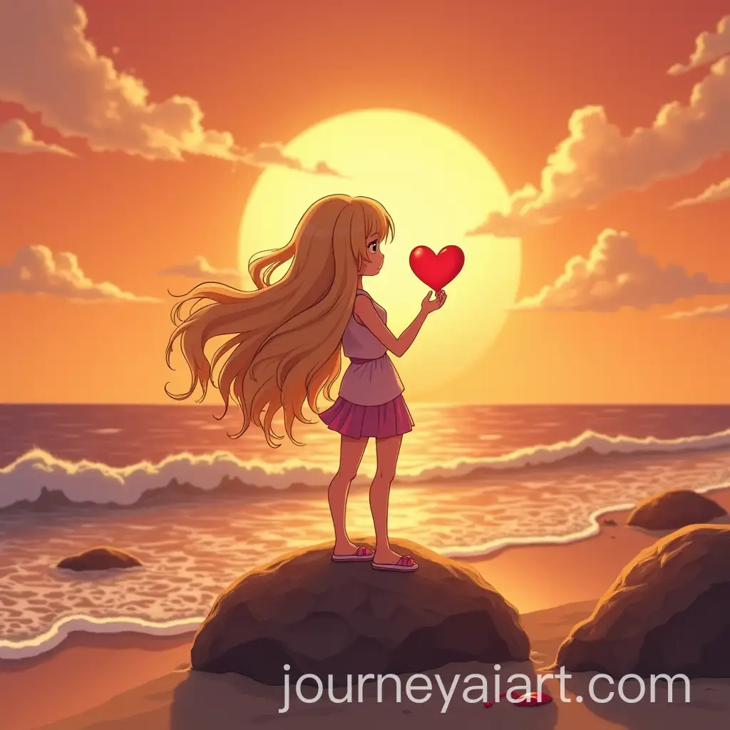Woman-Holding-Chibi-Bot-on-Heart-Shaped-Rock-at-Sunset-on-Tropical-Beach