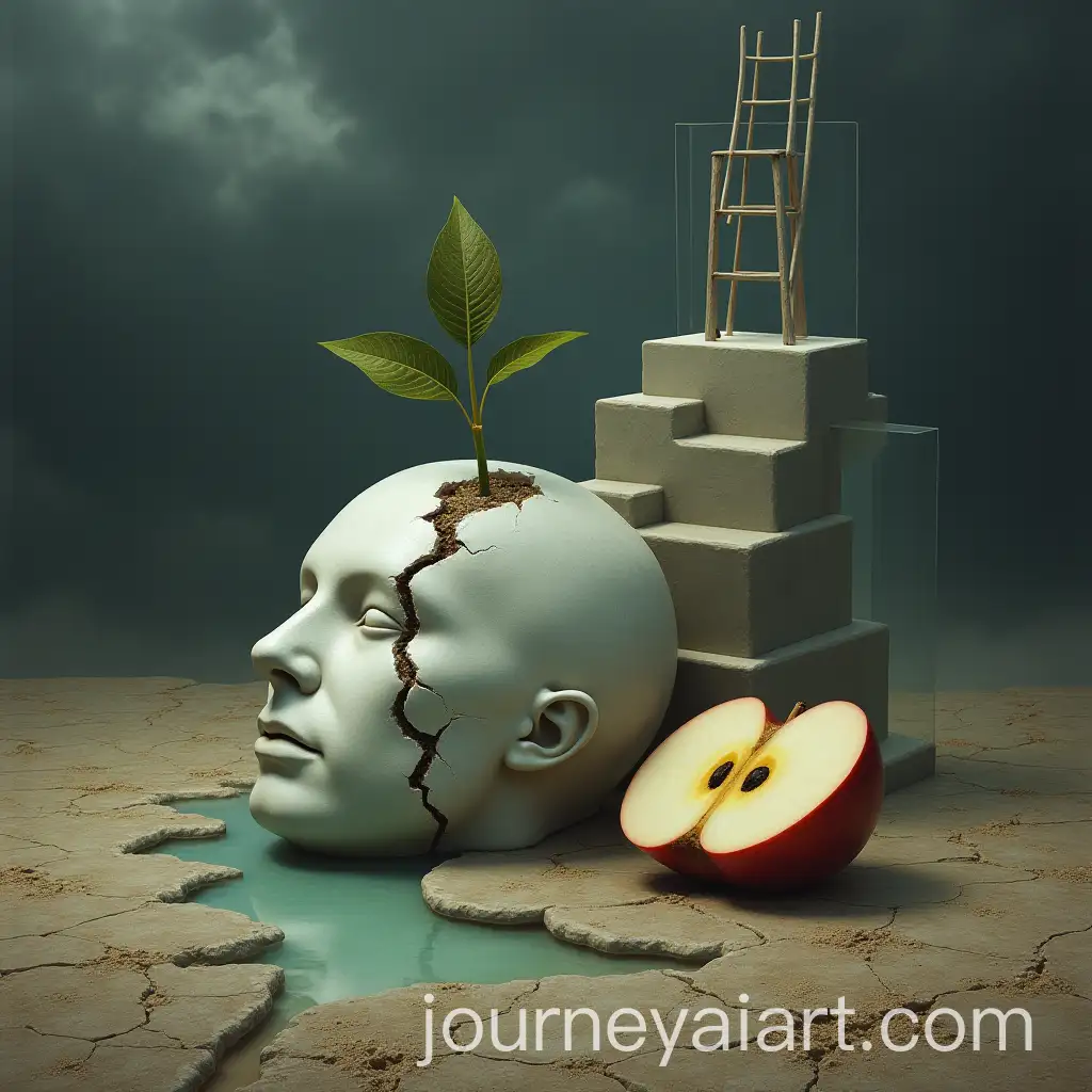Mysterious-Scene-with-Cracked-Marble-Head-and-Sliced-Apple
