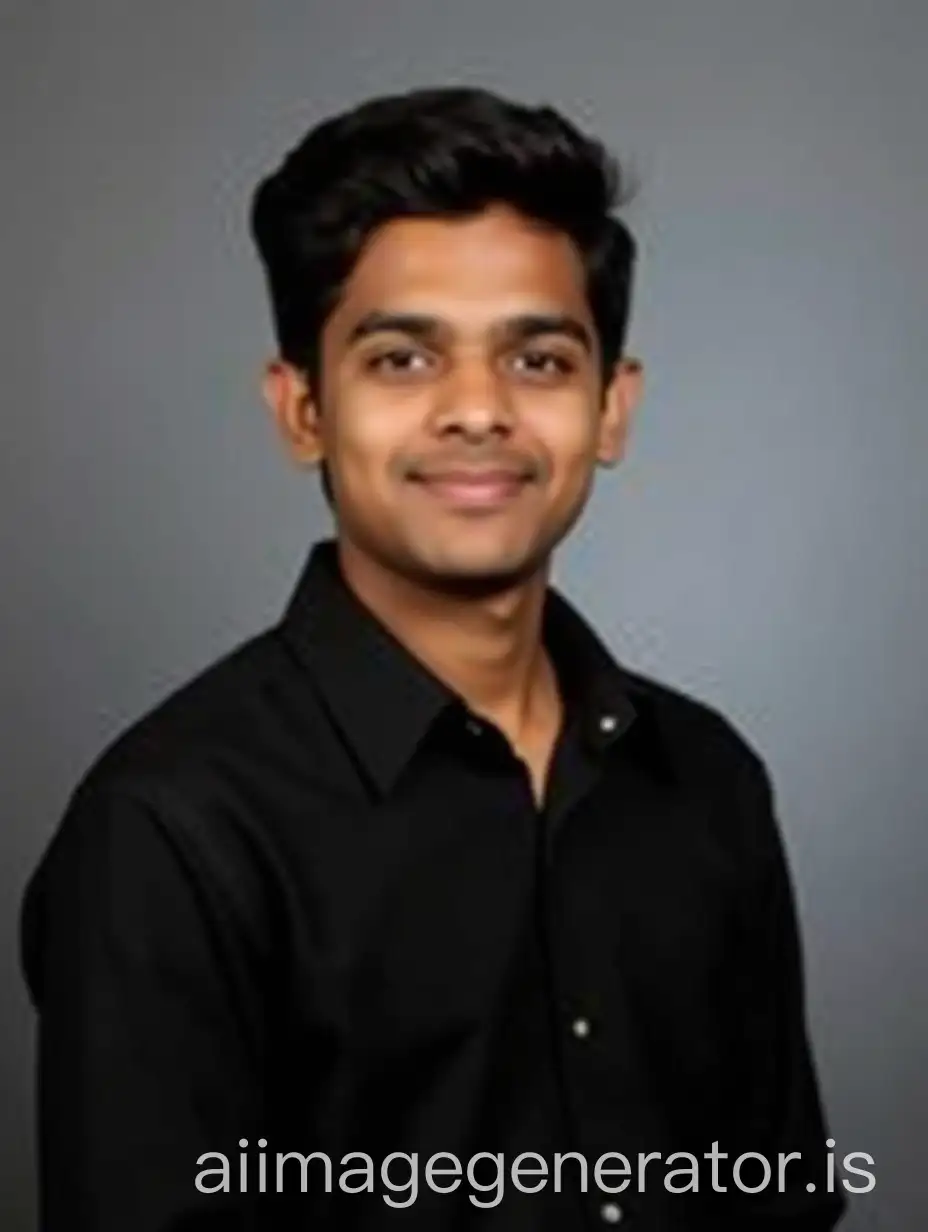 A 21-year-old Indian man in a black shirt poses for a LinkedIn profile photo with a neutral expression, set against a professional backdrop.