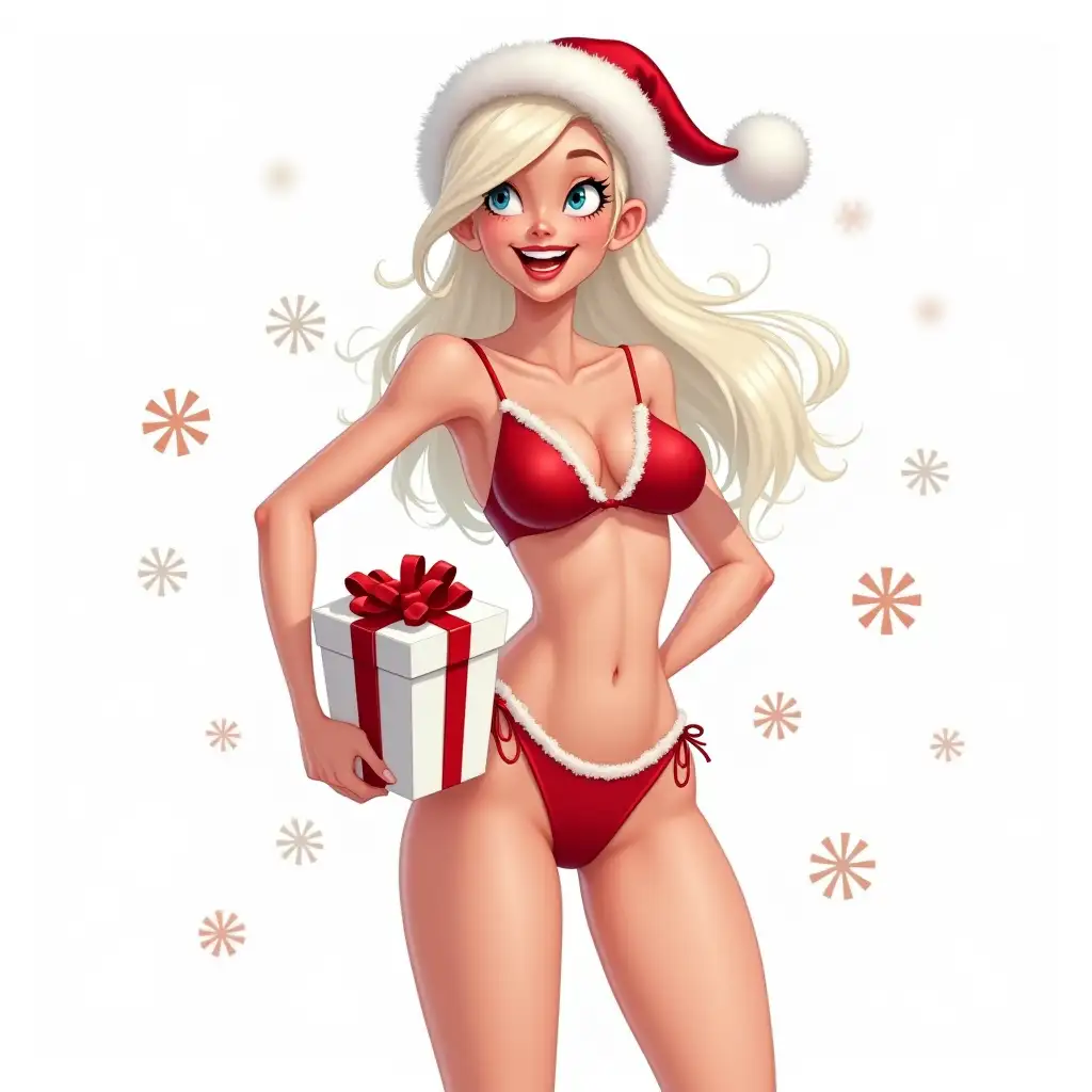 A thin, flirtatious snow maiden with light hair in an interesting flirtatious pose, in a red swimsuit with a white fur bikini top and panties and a red hat, holding a large craft box gift, smiling, digital illustration, white background, New Year, snowflakes