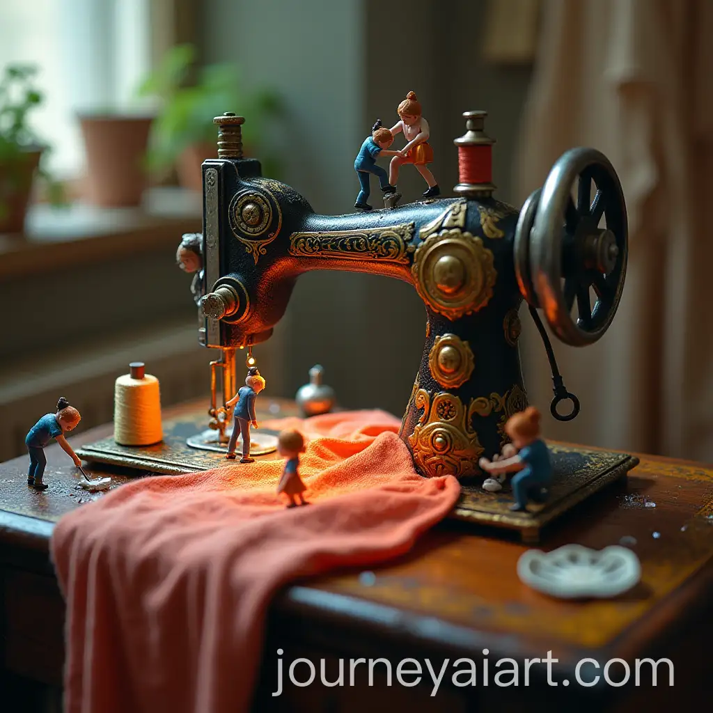 Tiny-Workers-Operating-a-Vintage-Sewing-Machine-with-WaterResistant-Fabric