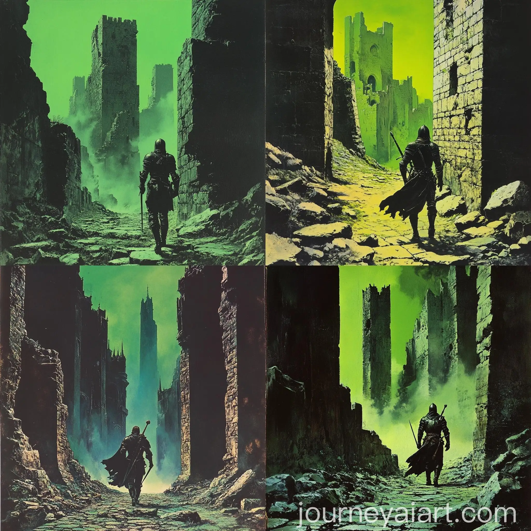 Dark-Fantasy-Knight-in-Black-Armor-Walking-Through-Green-Cobble-Ruins