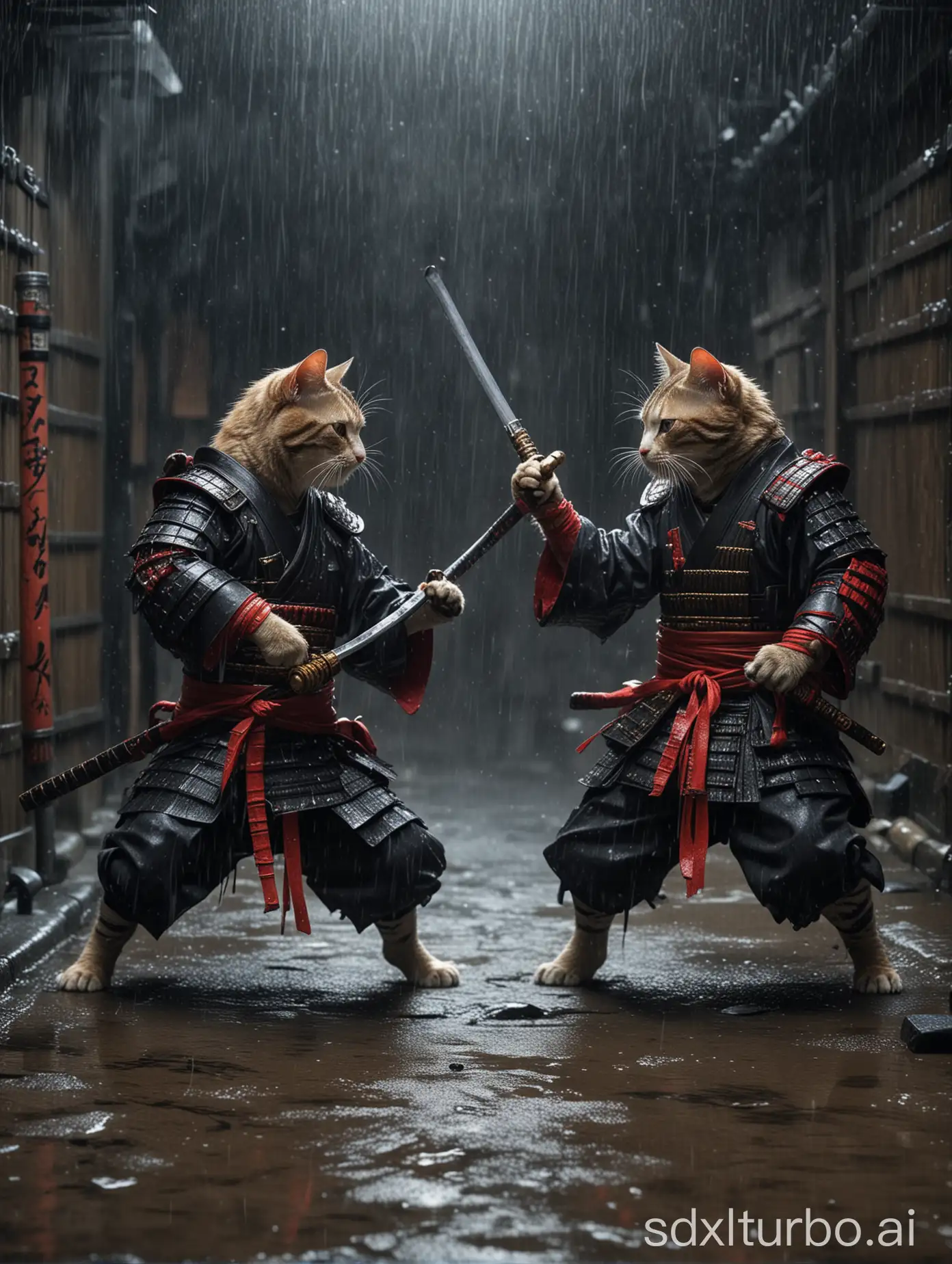 two cats dressed in samurai armor fight with a katana in a dark alley in feudal Japan, it's raining, the ground is wet, the scene is photo realistic