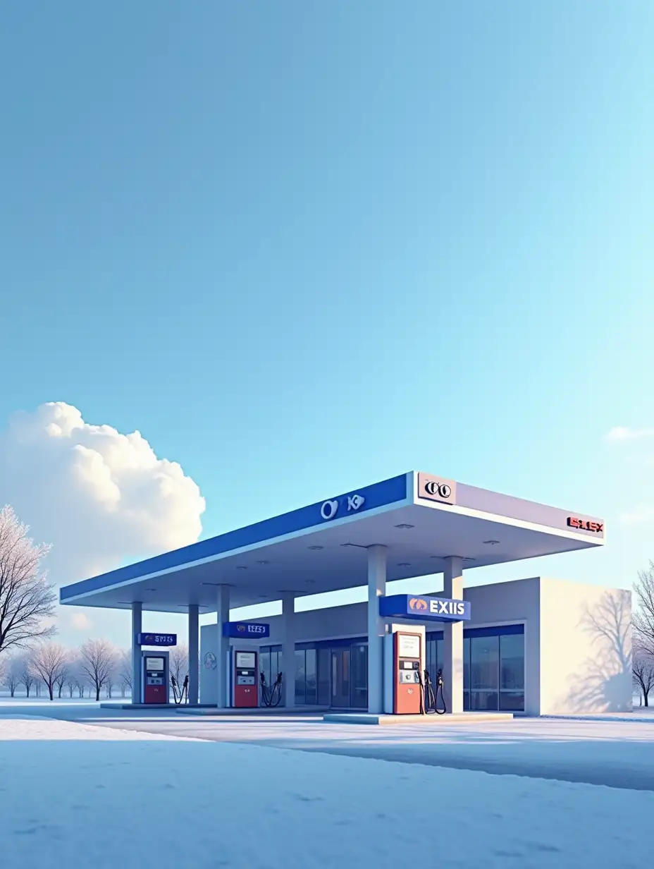 Make a gas station white and blue, EXFIS brand logo