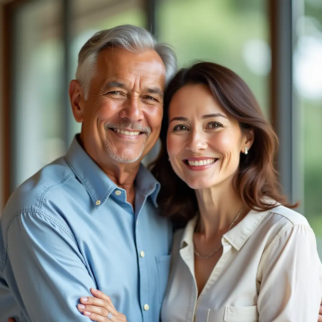 Photos of 2 Happy father 60 years old and mother 60 years old All of them with brown hair They are asian people lives in singapore Usually wear casual shirt