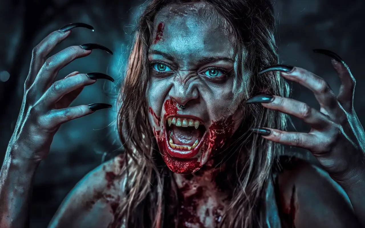 Terrifying-Zombie-Woman-with-Sharp-Nails-and-Bloodied-Face-in-a-Dark-Atmosphere