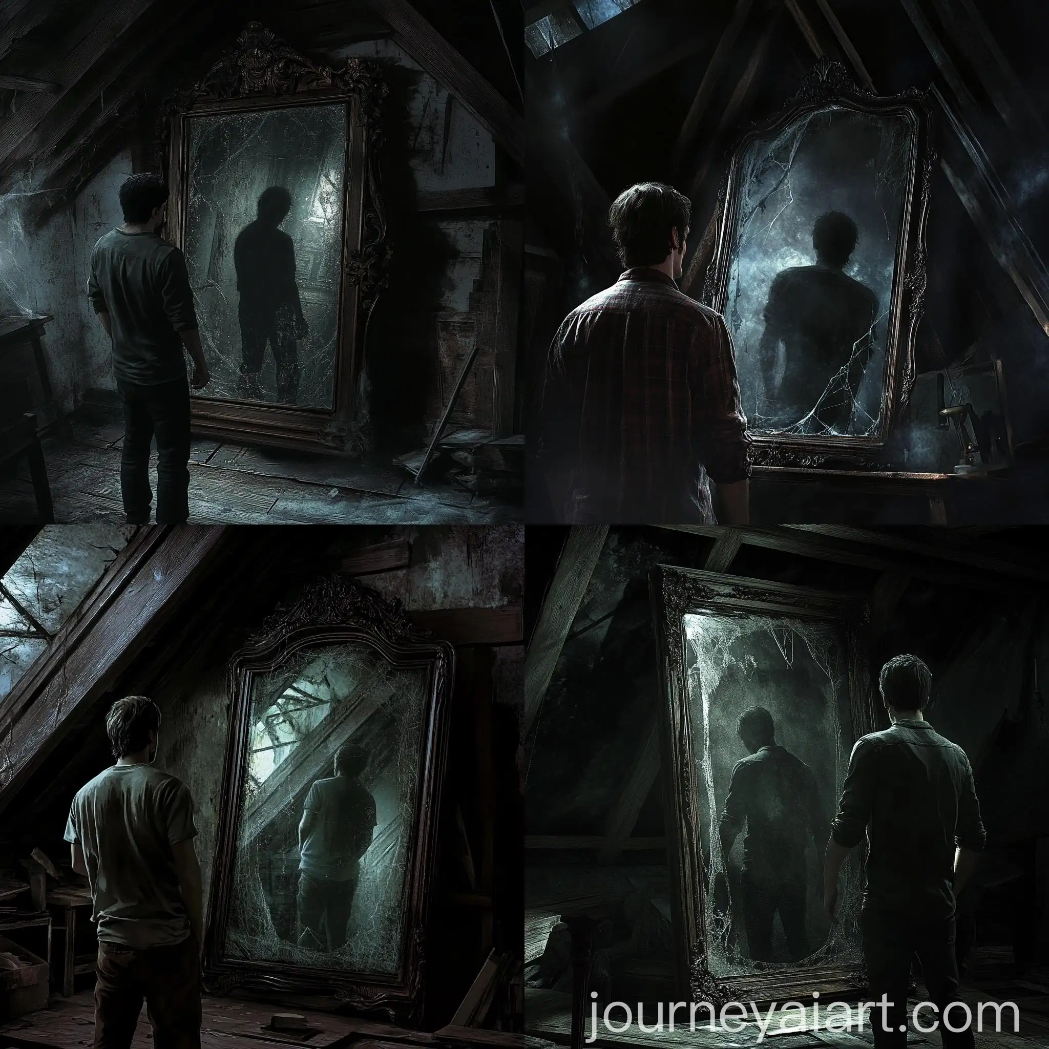 Man-Listening-to-Sinister-Mirror-Reflection-in-Dusty-Attic