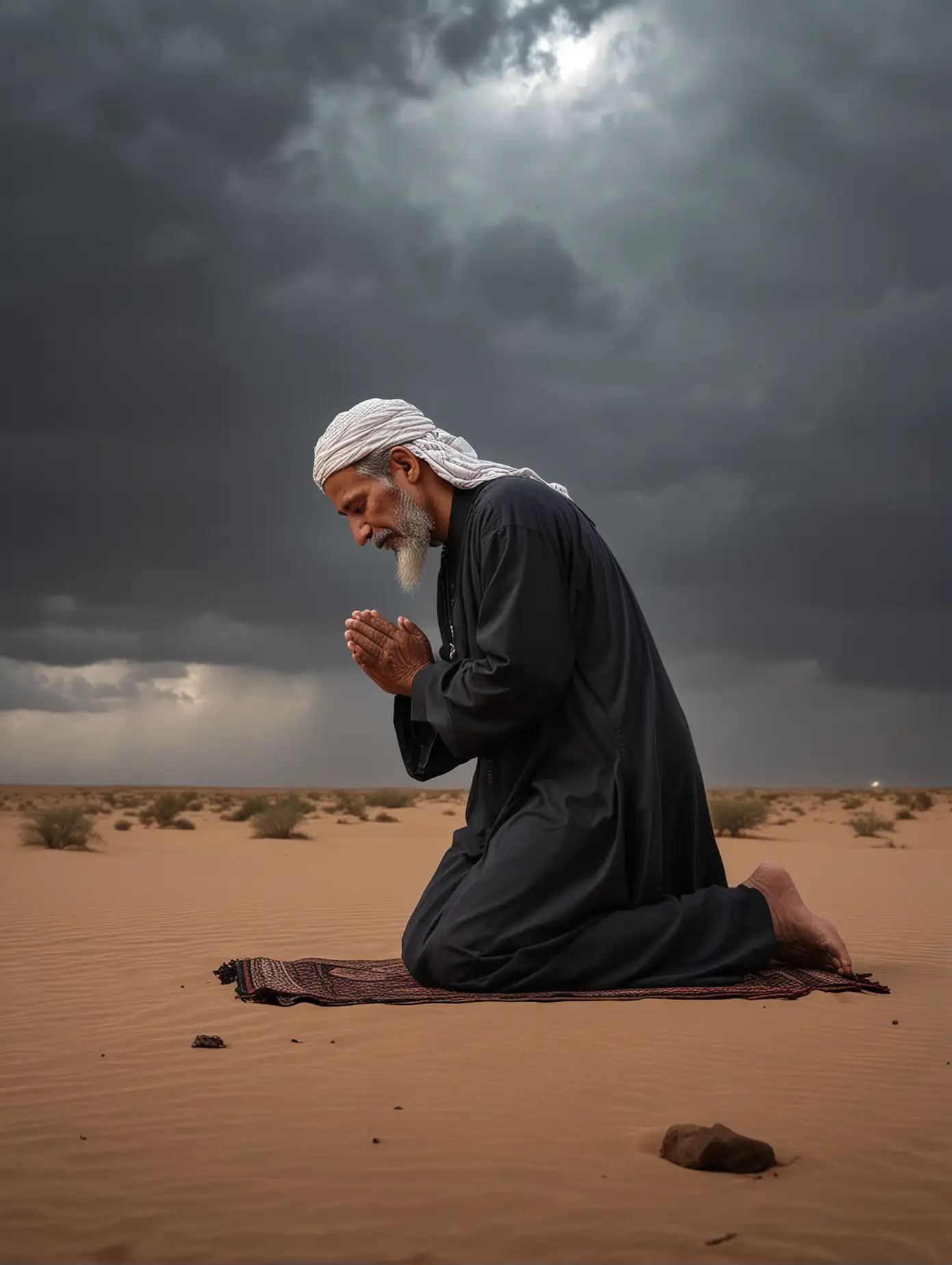 A long haired Muslim old pious man praying in sujood style namaz in a spiritual pose in the desert. side view.dark cloudy sky.low lightning