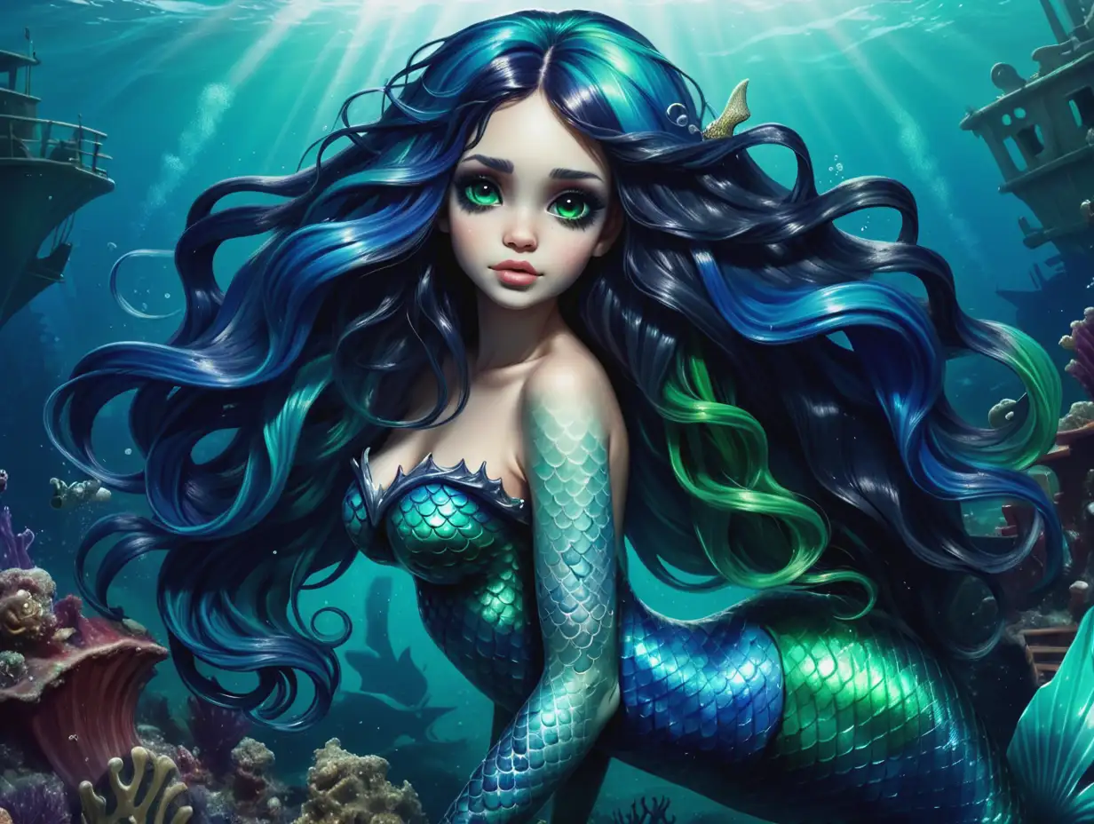 Enchanting Mermaid Fairy with Long Wavy Blue and Black Hair