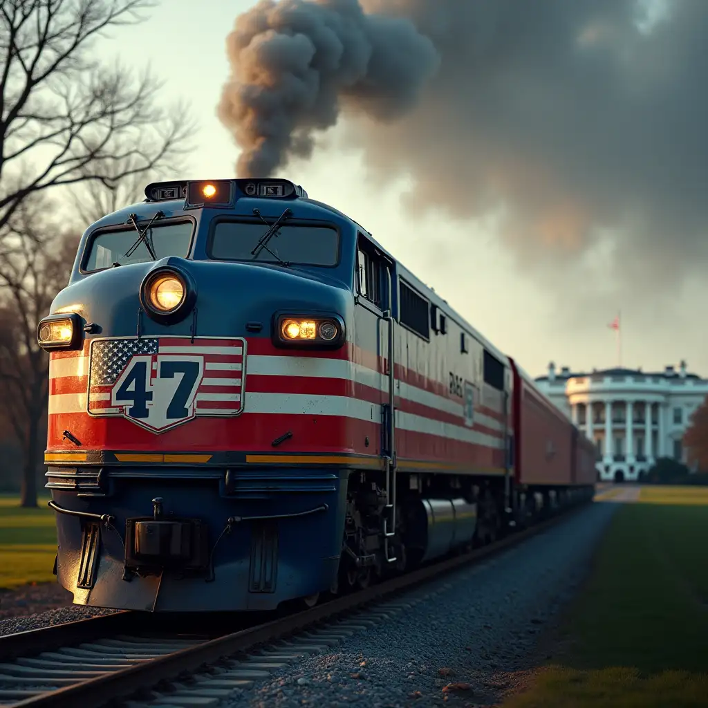 dramatic cinematic photo of Donald trump driving a trump train with usa flag colors to the White House. with the white house and washington dc in the background. the number 47 on the train and the words 'Donald Trump' and 'MAGA'