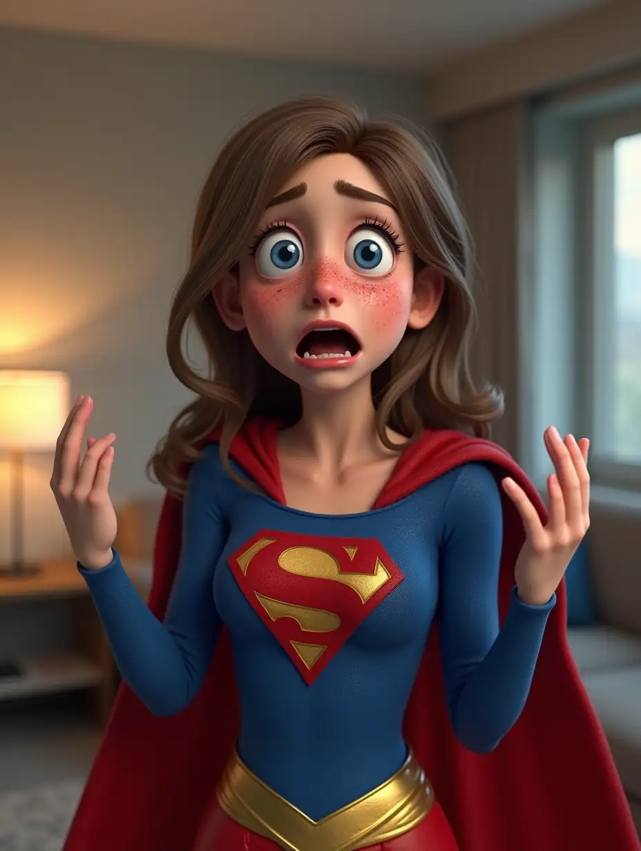 A highly detailed 3D-rendered image of a young woman dressed as Supergirl, standing in a modern living room with a shocked and distressed expression. Her blue and red superhero suit has a golden 'S' emblem on the chest, and her red cape flows behind her. Her face is covered in acne and red pimples, and she is holding her hands up in frustration. Her blue eyes are wide open, and her mouth is screaming in shock. Her brown hair is tied up in a half-up, half-down style with loose curls. The lighting in the room is soft and realistic, with shadows adding depth to the scene. The background includes a minimalistic interior with furniture, such as a couch and lamps, giving a home-like environment.