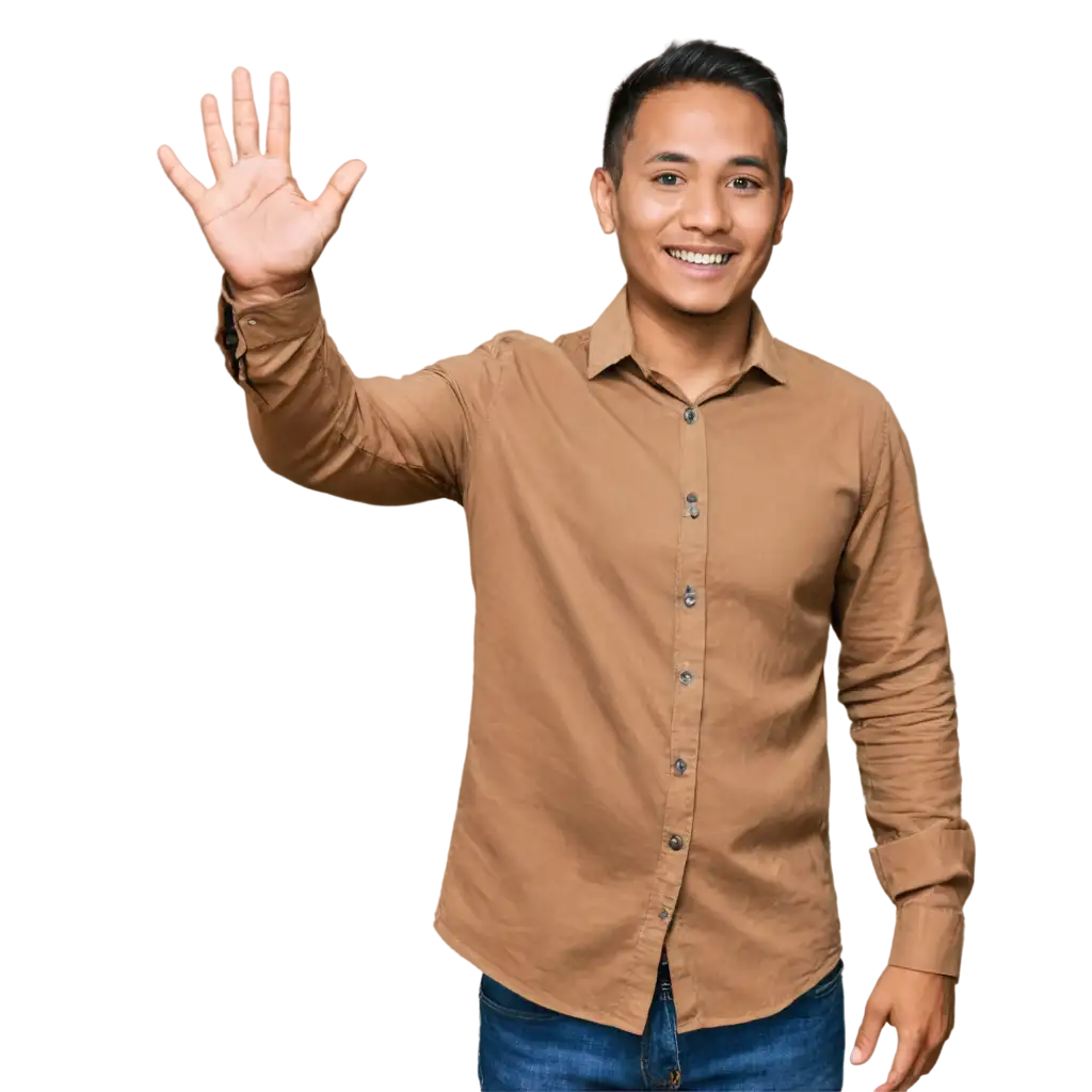 PNG-Image-of-a-Smiling-30YearOld-Indonesian-Man-Raising-His-Hand-HighQuality-Visual-for-Diverse-Uses