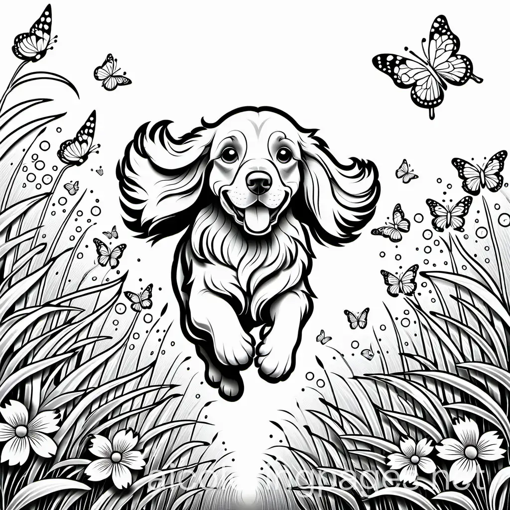 Cocker-Spaniel-Chasing-Butterflies-Coloring-Page