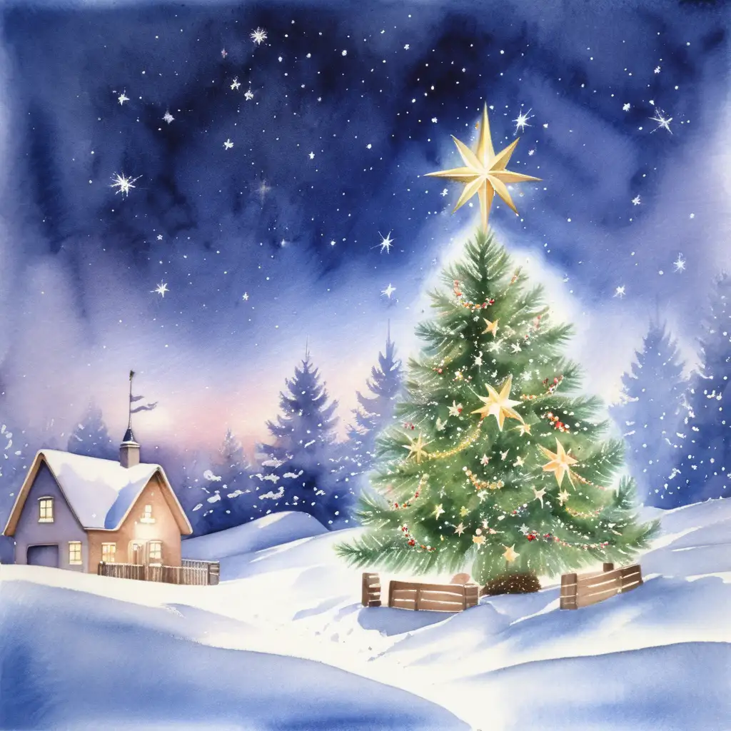 Christmas Magic with Snow and Stars Watercolor Painting