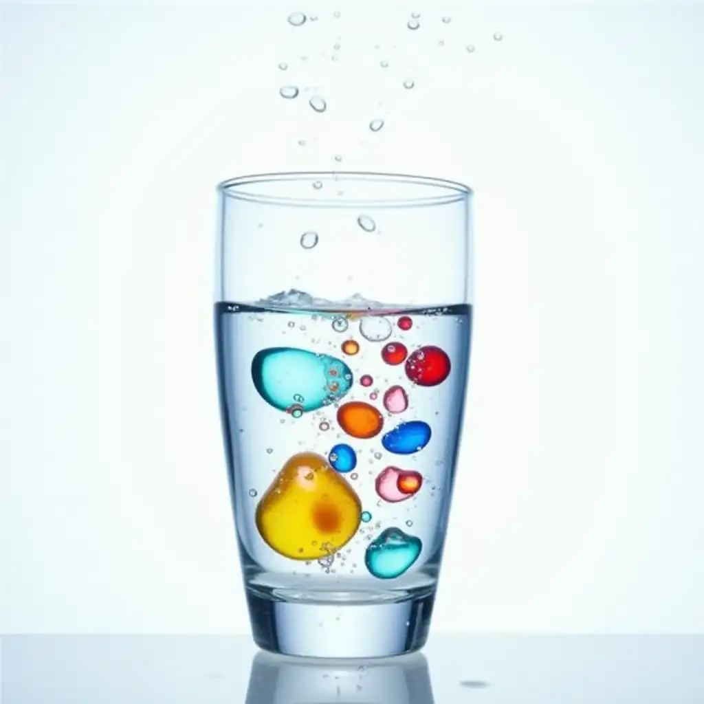 Create a transparent glass of water with multicolored drops from above.