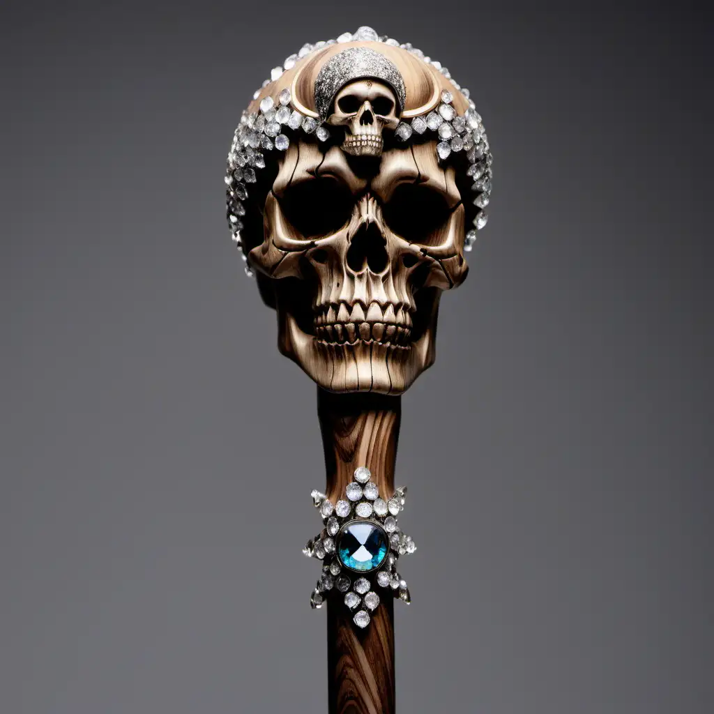 A wooden curved staff with a skull on top, with crystals embedded in it