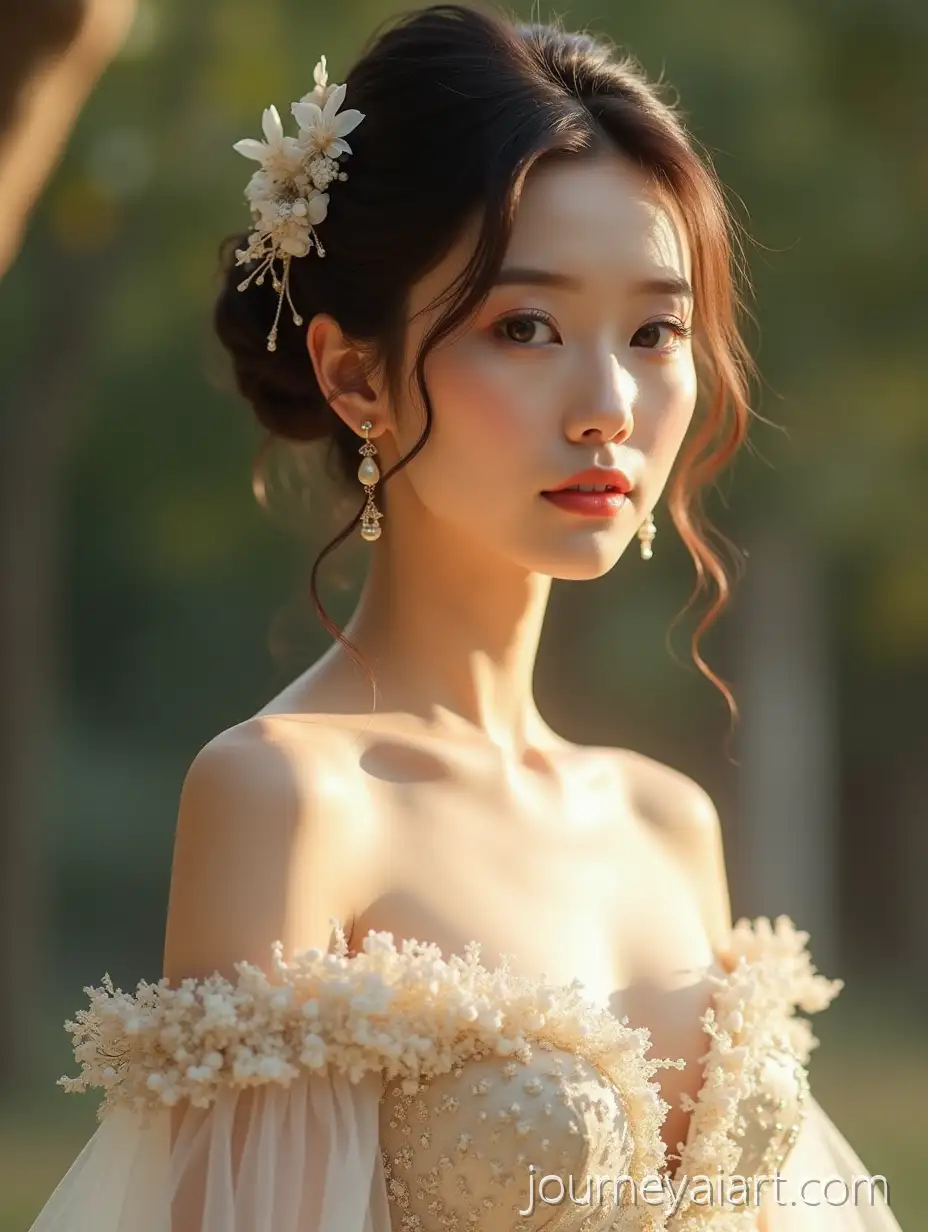 Elegant-Asian-Bride-in-White-and-Gold-Gown-Outdoors-with-Dreamy-Cinematic-Lighting