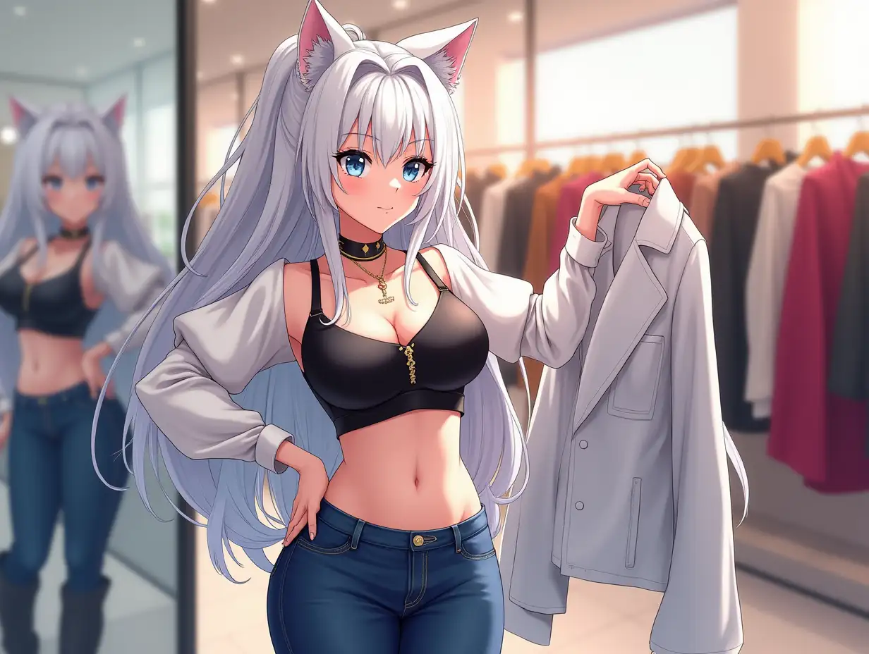 Anime mature adult woman with an hourglass body who looks like she is in her 30's with big breast, blue eyes, black and gold earrings, a choker around her neck, long white hair and white cat ears on her head. She is in the mall trying on different designer clothes. Puffed sleeved crop top shirts, jeans and boots or shoes. She looks at herself in the mirror she twirls around with a jacket in her hand.