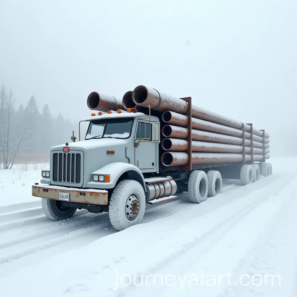 Grey-Truck-with-Rusty-Steel-Pipes-Emerging-from-White-Snowstorm