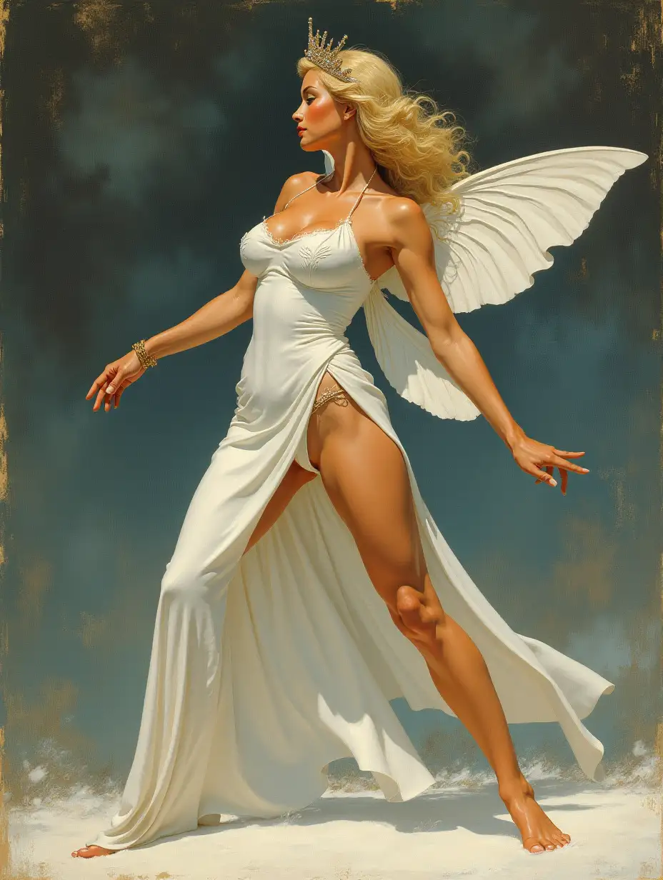 boris vallejo style, frank frazetta style,On the ground, there was a pixie of incredible beauty, long legs, a narrow waist, high breasts, a snow-white dress that fit her like a glove and a crown on her head, very detailed,realistic, realism, Boris Vallejo style, ((((Boris Vallejo))))