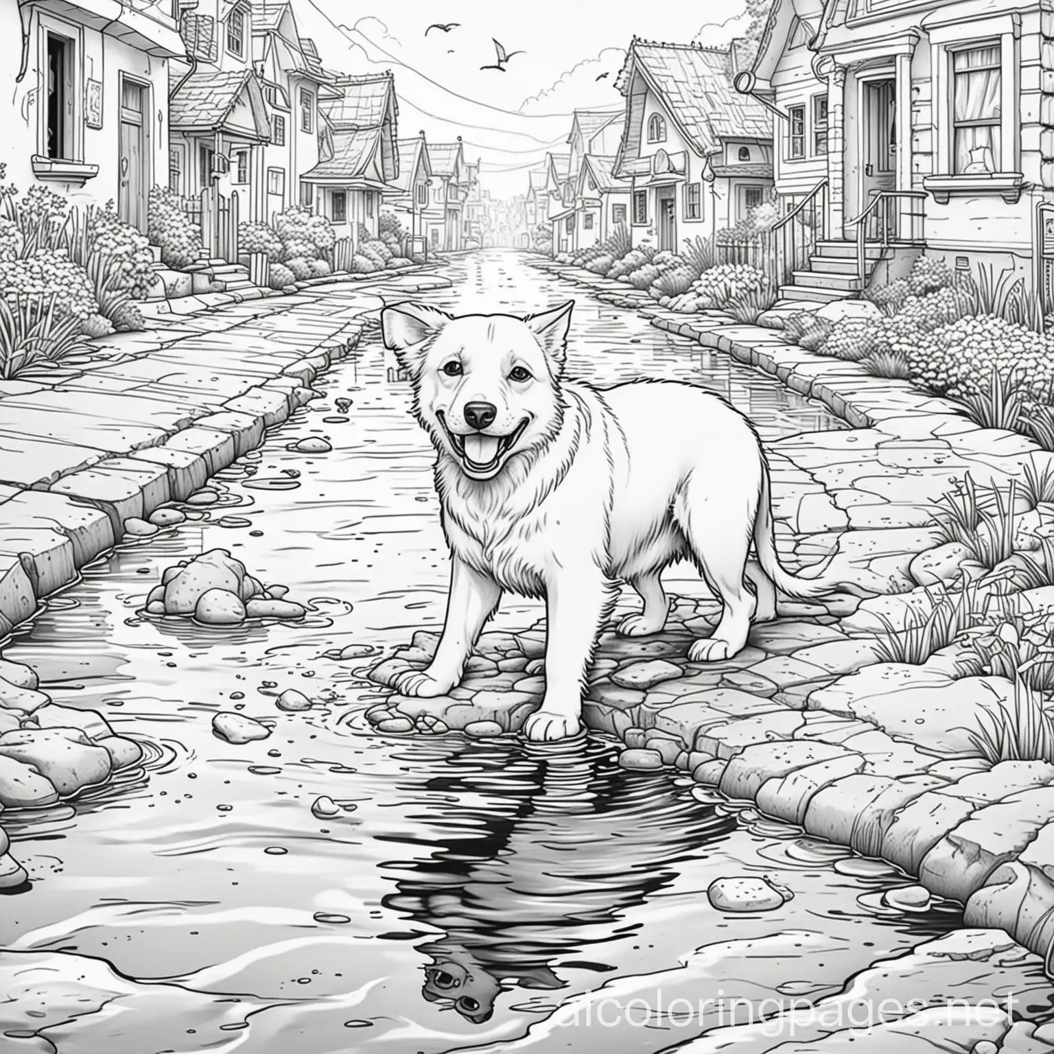 Dog-Eating-Dead-Cat-in-Flooded-Street-Coloring-Page