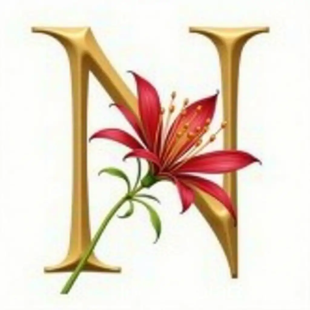 Luxurious-Gold-Letter-N-Intertwined-with-RedBurgundy-Nerine-Flower-on-Watercolor-Paper