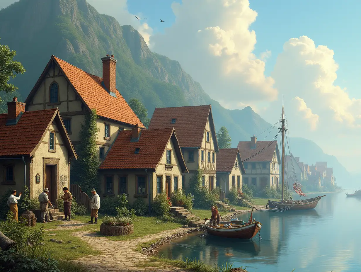 Dreamlike houses next to a river with fishermen, fishing nets, fish baskets and a small boat.