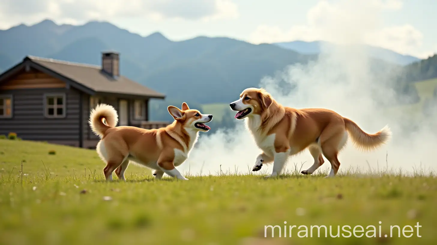 Corgi and Golden Retriever Playing on Grass with Mountain Cabin Scene