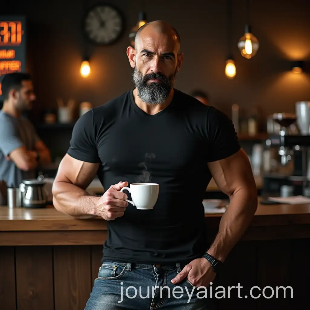 Muscular-Spaniard-Male-Enjoying-Coffee-in-Cozy-Asian-Cafe